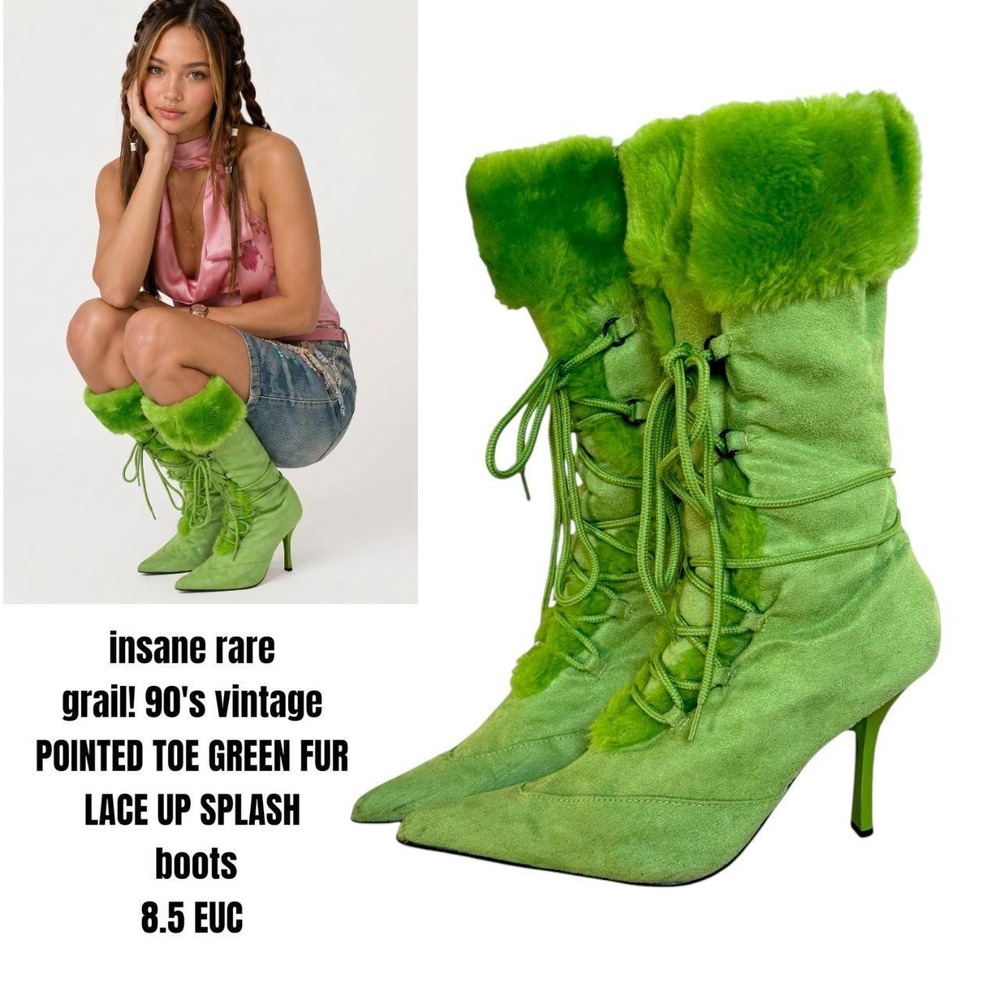 RARE GRAIL 90'S VTG. SPLASH LACE‎ UP FUR POINTED TOE BOOTS 8.5 EUC
